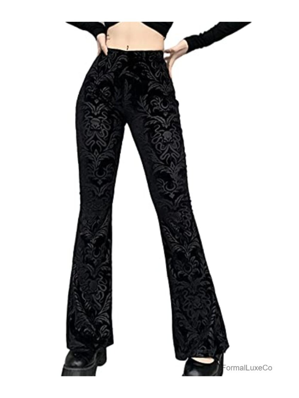 Womens Velvet Burnout Flare Pants High Waisted Bell Bottom Trousers